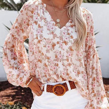 Last inn bildet i Galleri-visningsprogrammet, Boho Blomstertrykk V-hals Langermet Løse Bluse
